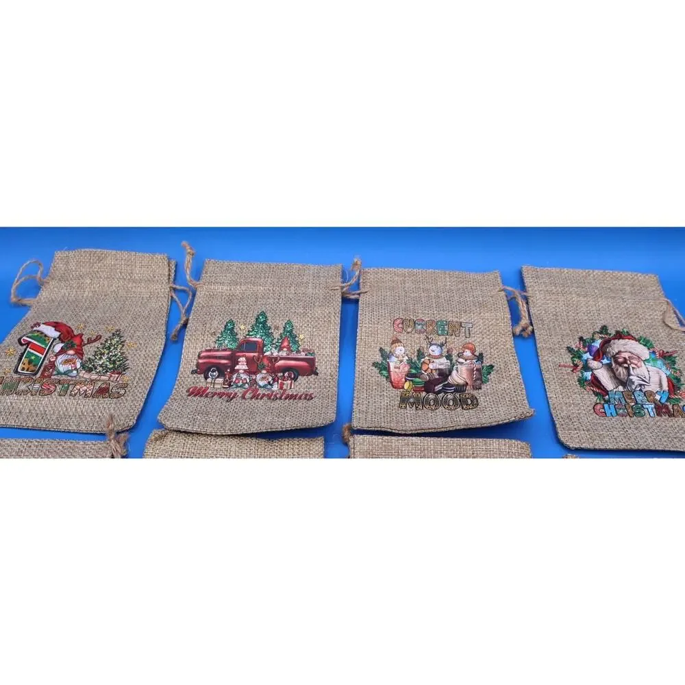 12 Christmas Drawstring Bags 6”x4” Mini Candy Burlap Bags. New